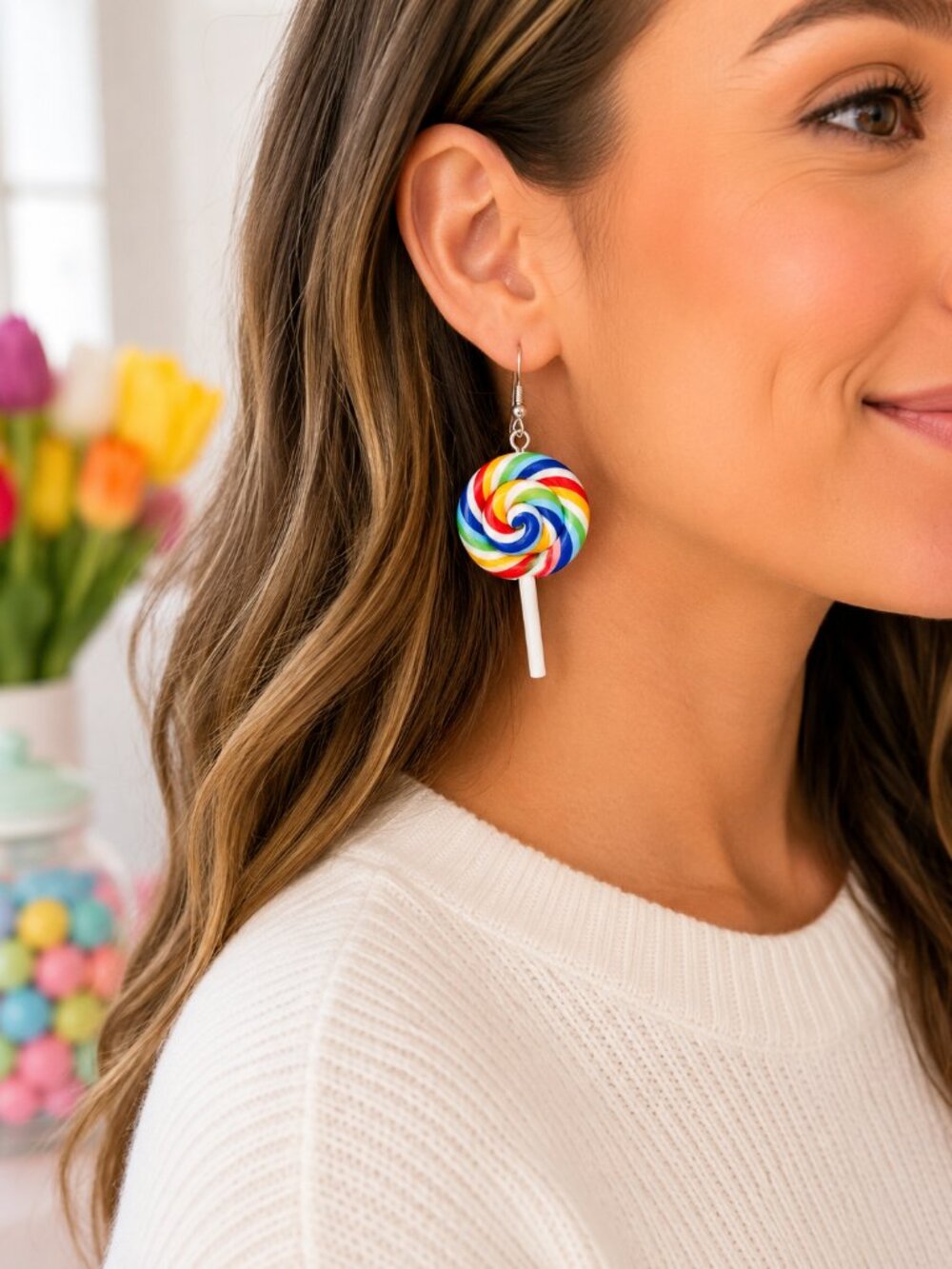 Rainbow Lollipop Dangle Earrings Candy Swirl Colorful Novelty Kawaii Cute